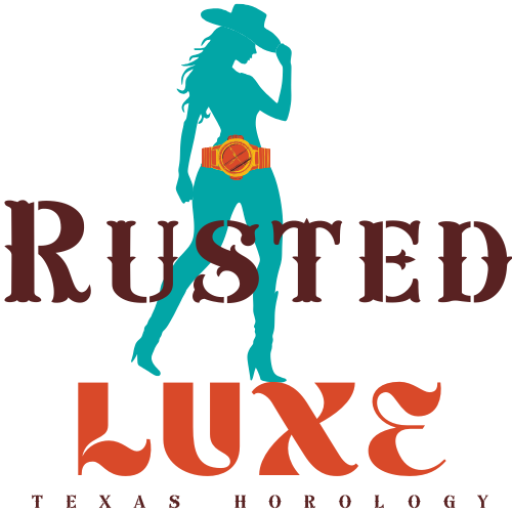 Logo art dispaying a woman's figure colored turquoise, she wears a cowgirl hat, high heel cowgirl boots, and a sunset orange watch worn as a belt around her waist standing atop letters of the company name: rusted Luxe Texas Horology