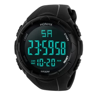 Black digital watch with green display output by Honhx