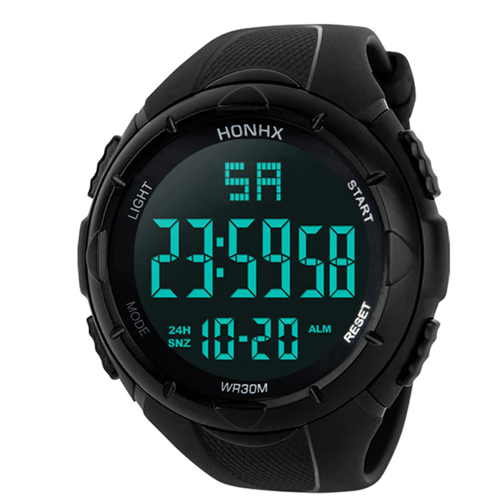 Black digital watch with green display output by Honhx
