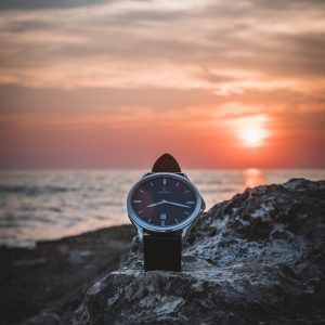 T watch by Festina sitting on a rock near the shore with the ocean and a sunset in the background.